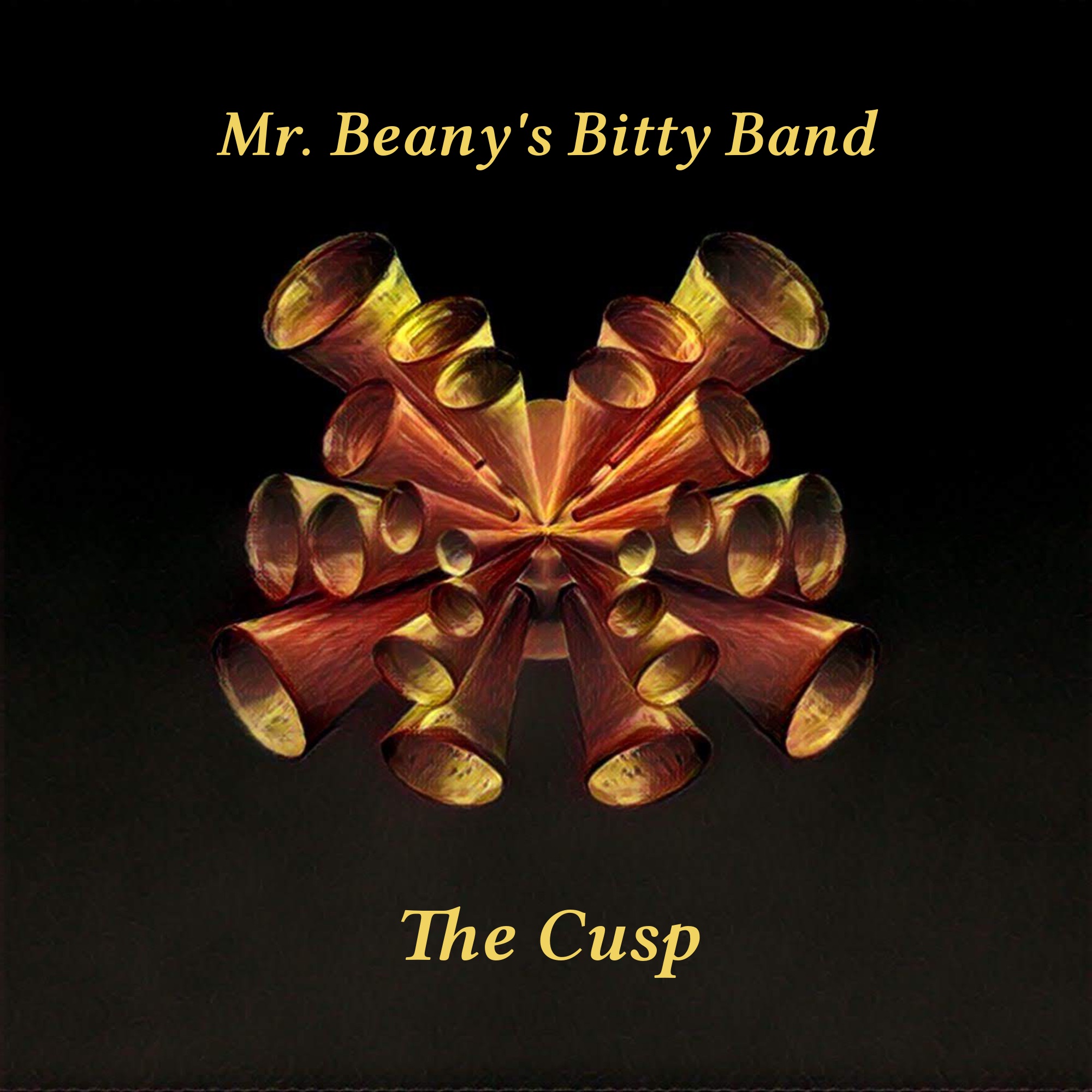 A world-distorted table of cups in an artistic style. The words "The Cusp" and "Mr. Beany's Bitty Band" are present.